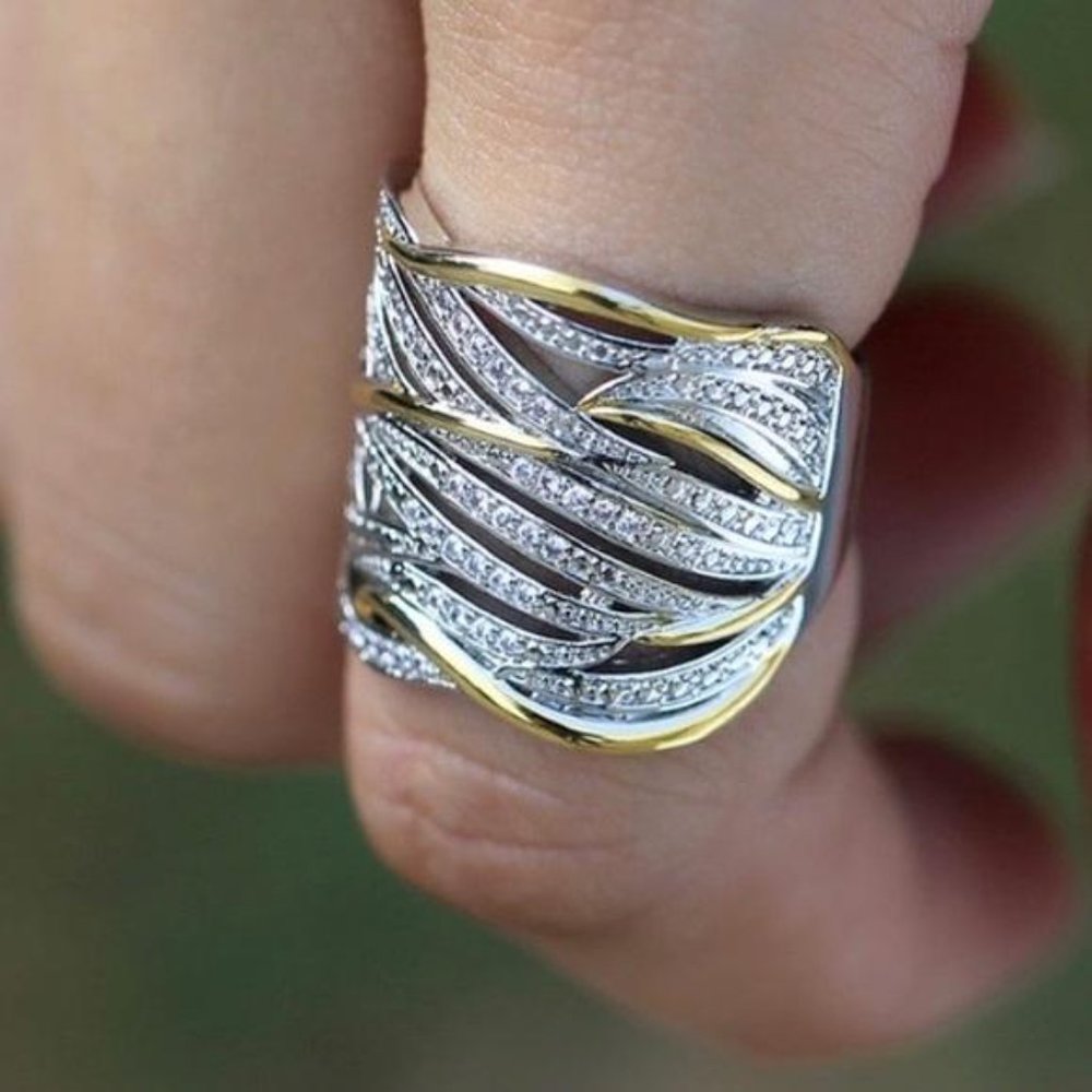 NEW 925 Sterling Silver Two Tone Diamond Ring, beautiful Ring, shiny Ring - Picture 2 of 8
